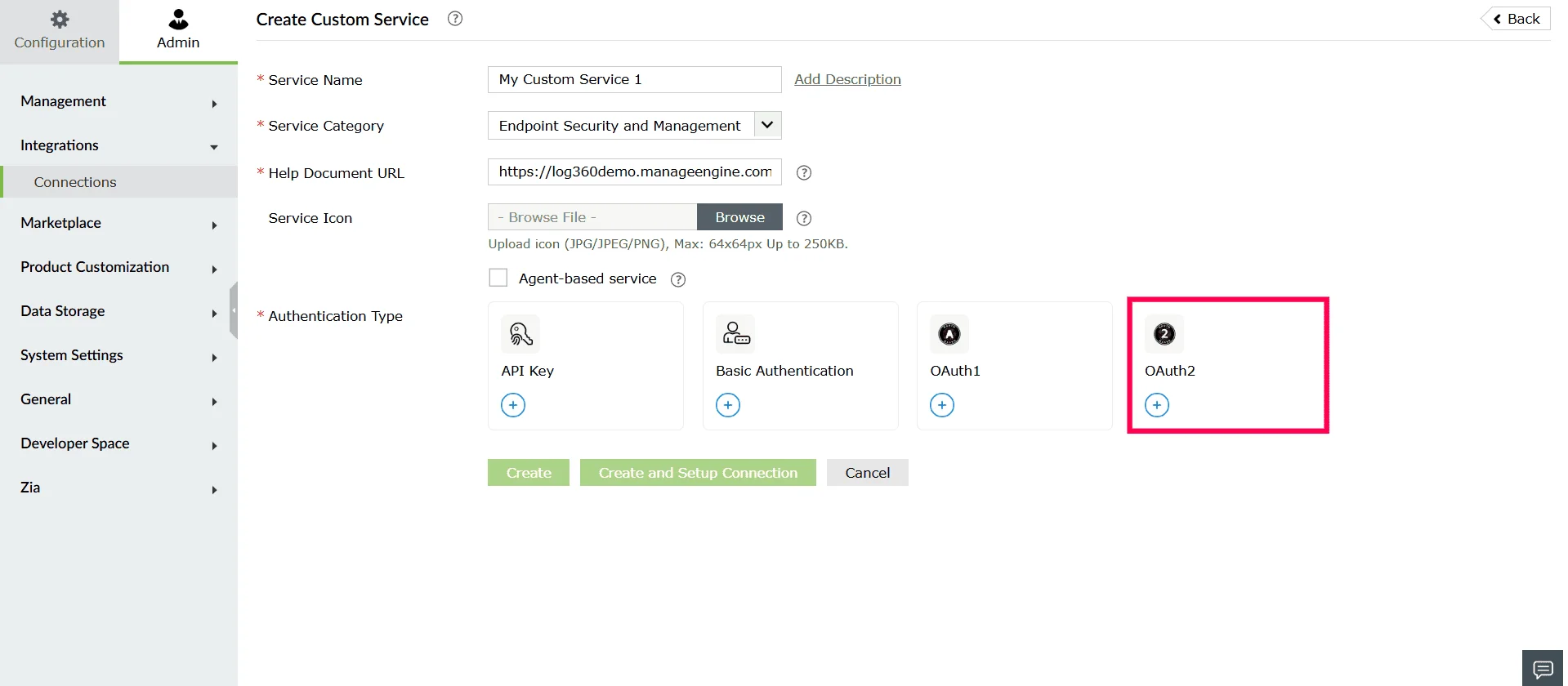 Selecting an authentication type in the Create Custom Service page