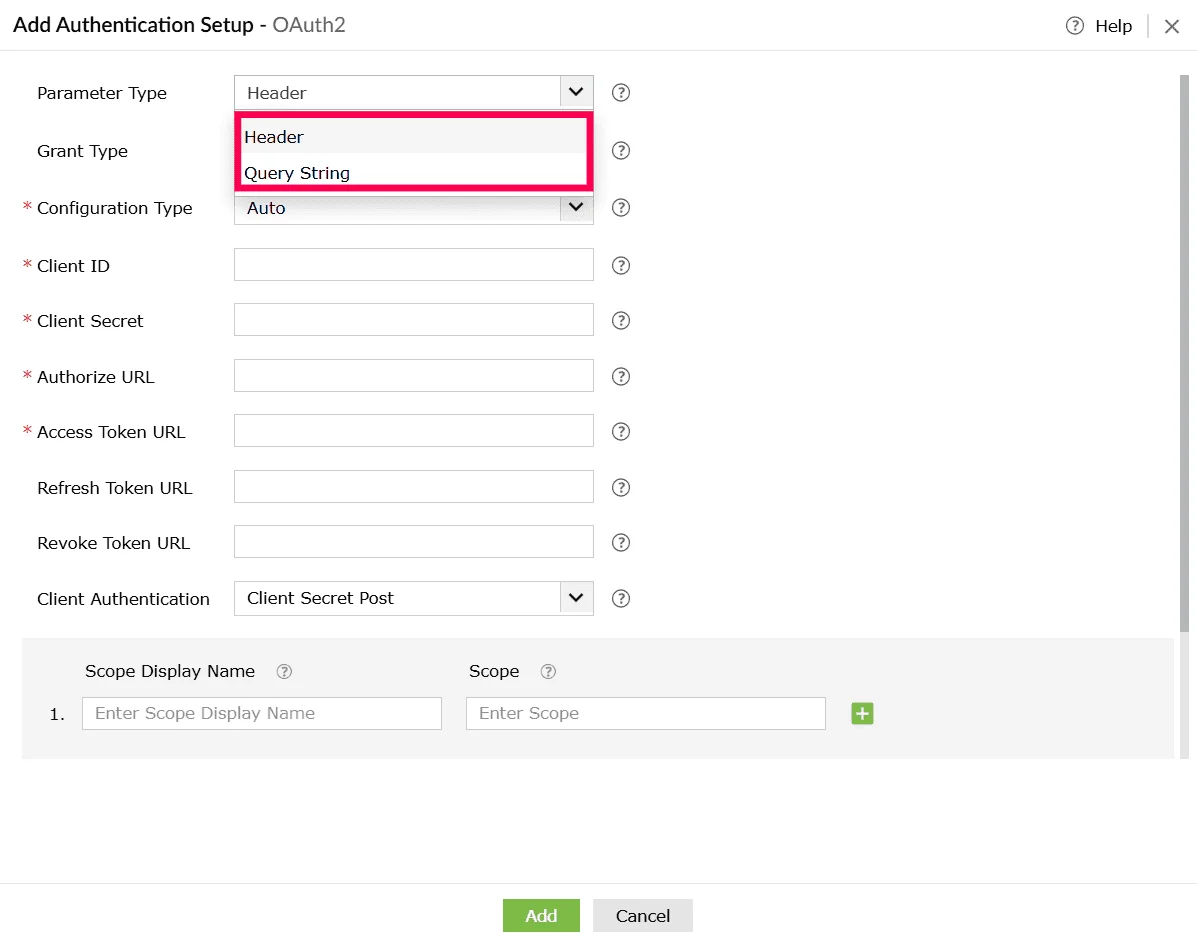 Selecting parameter type in the Add Authentication Setup window
