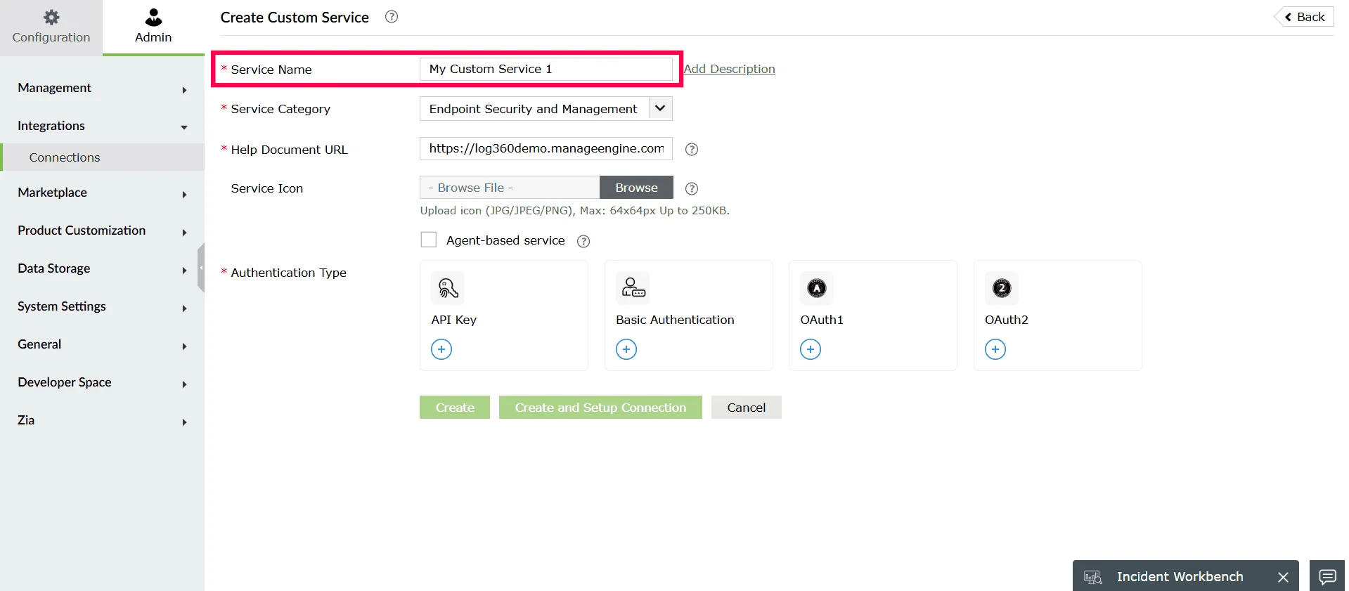 Entering a service name for the custom service