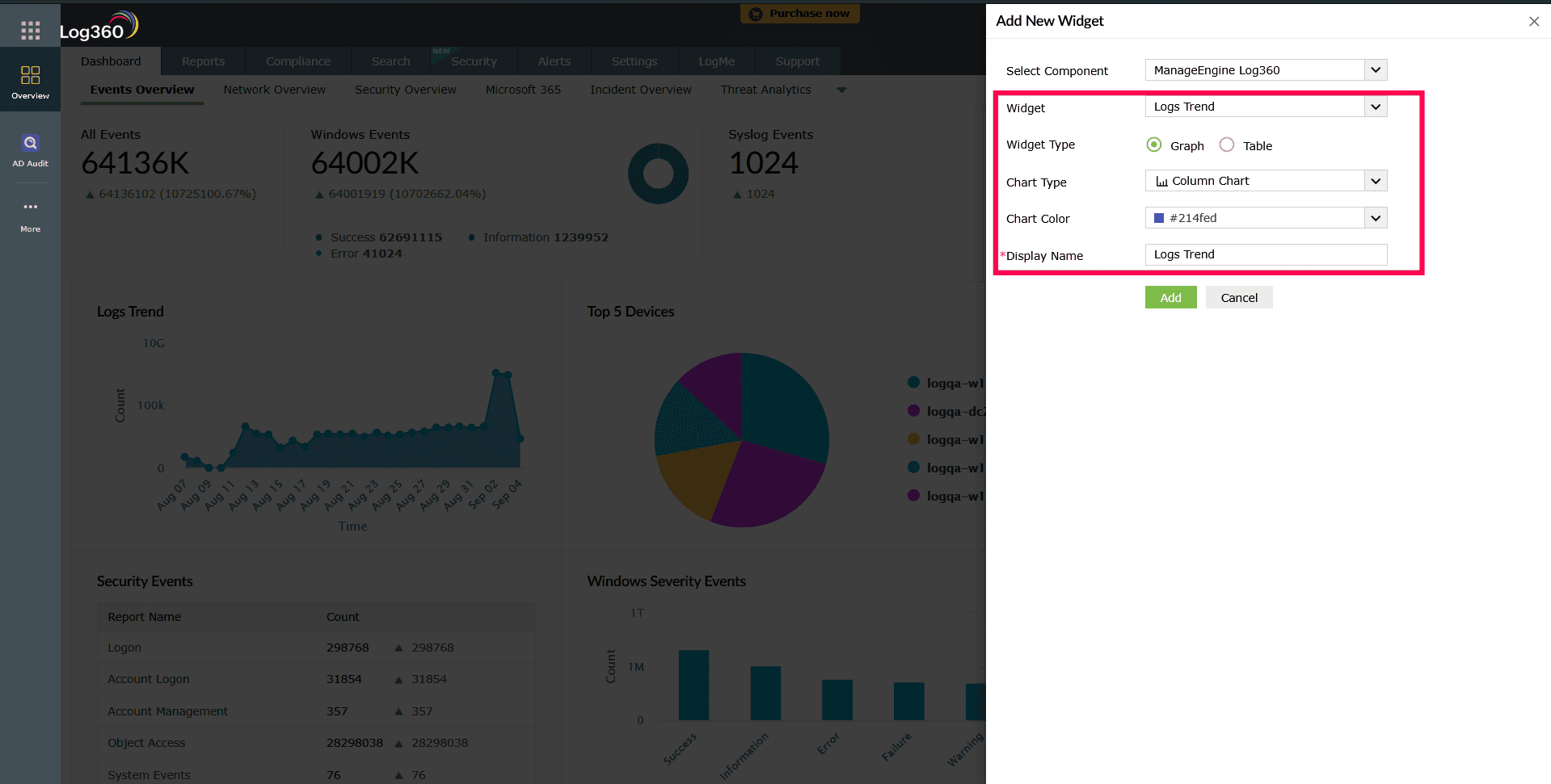 Configuring a New Widget in the dashboard