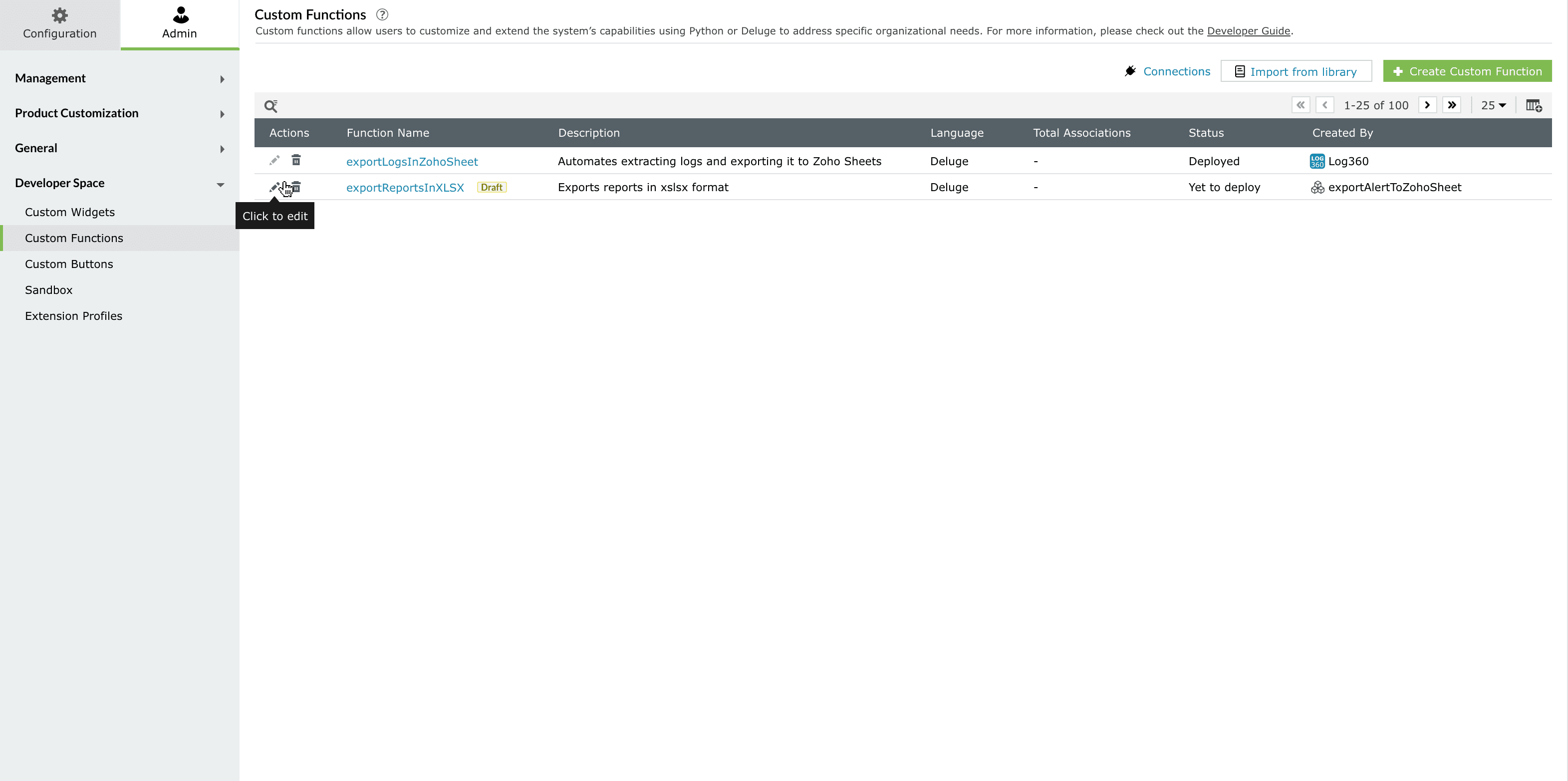 Manage custom functions
