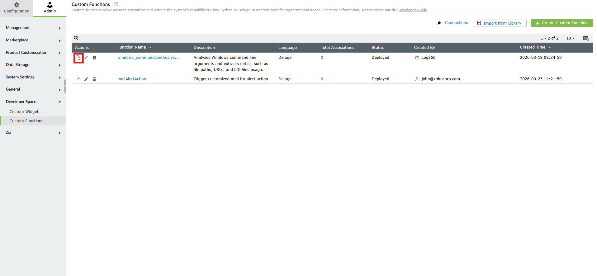 Manage custom functions