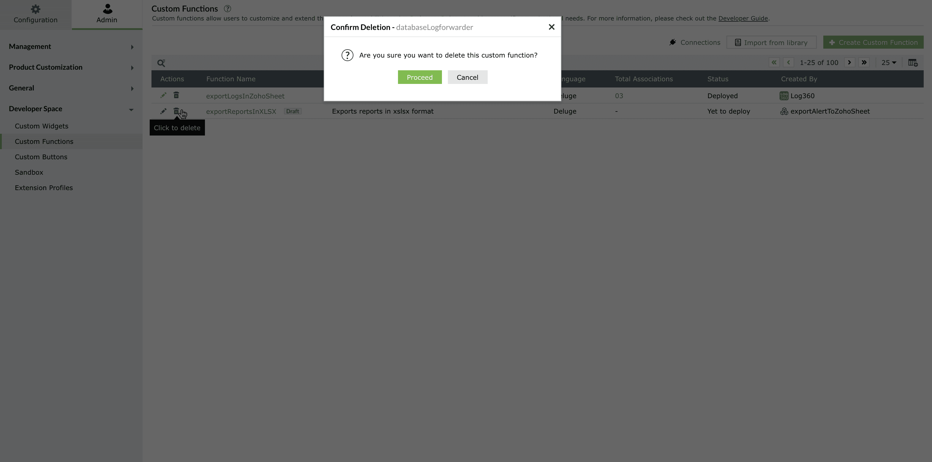 Manage custom functions