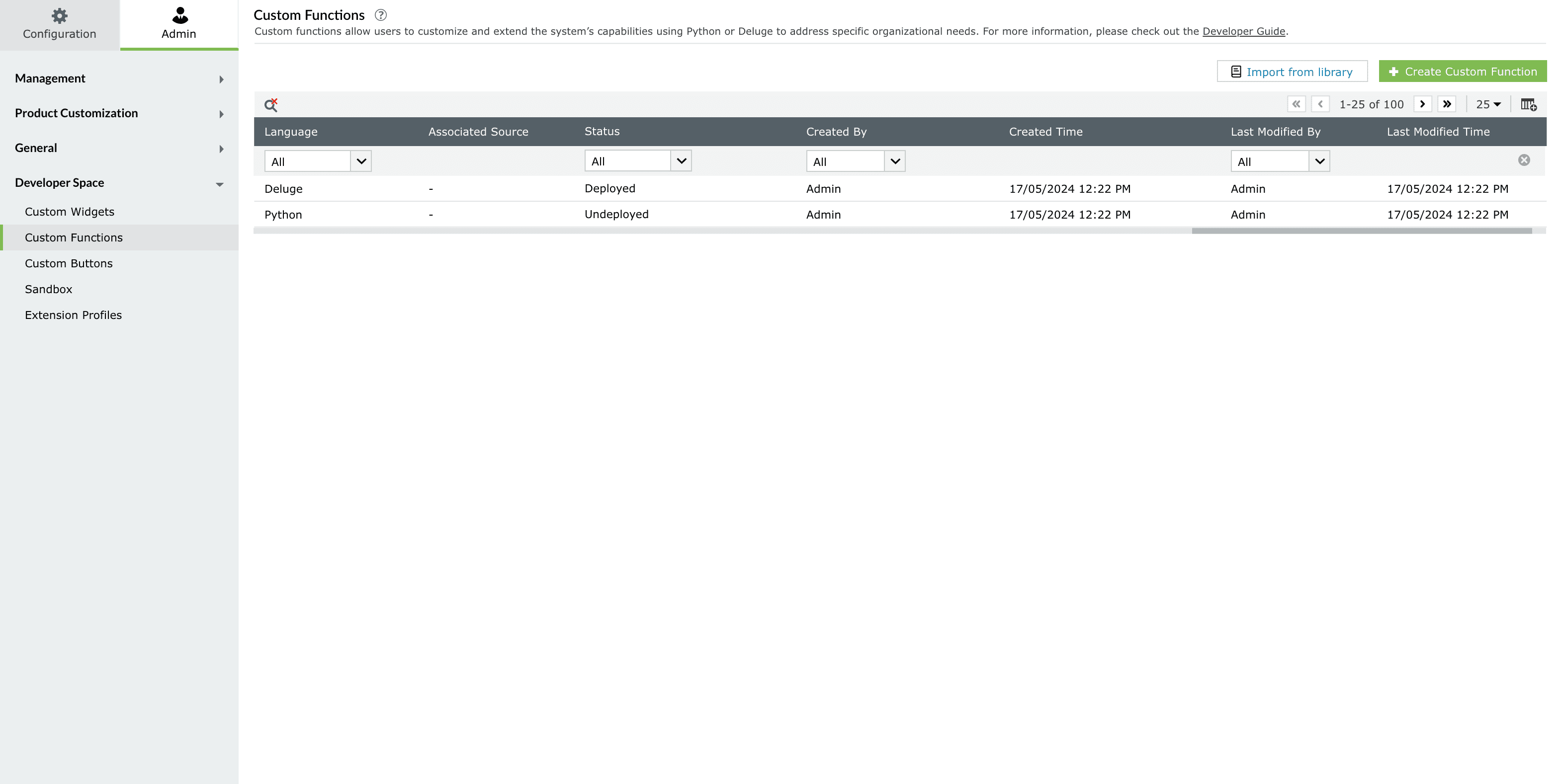 Manage custom functions