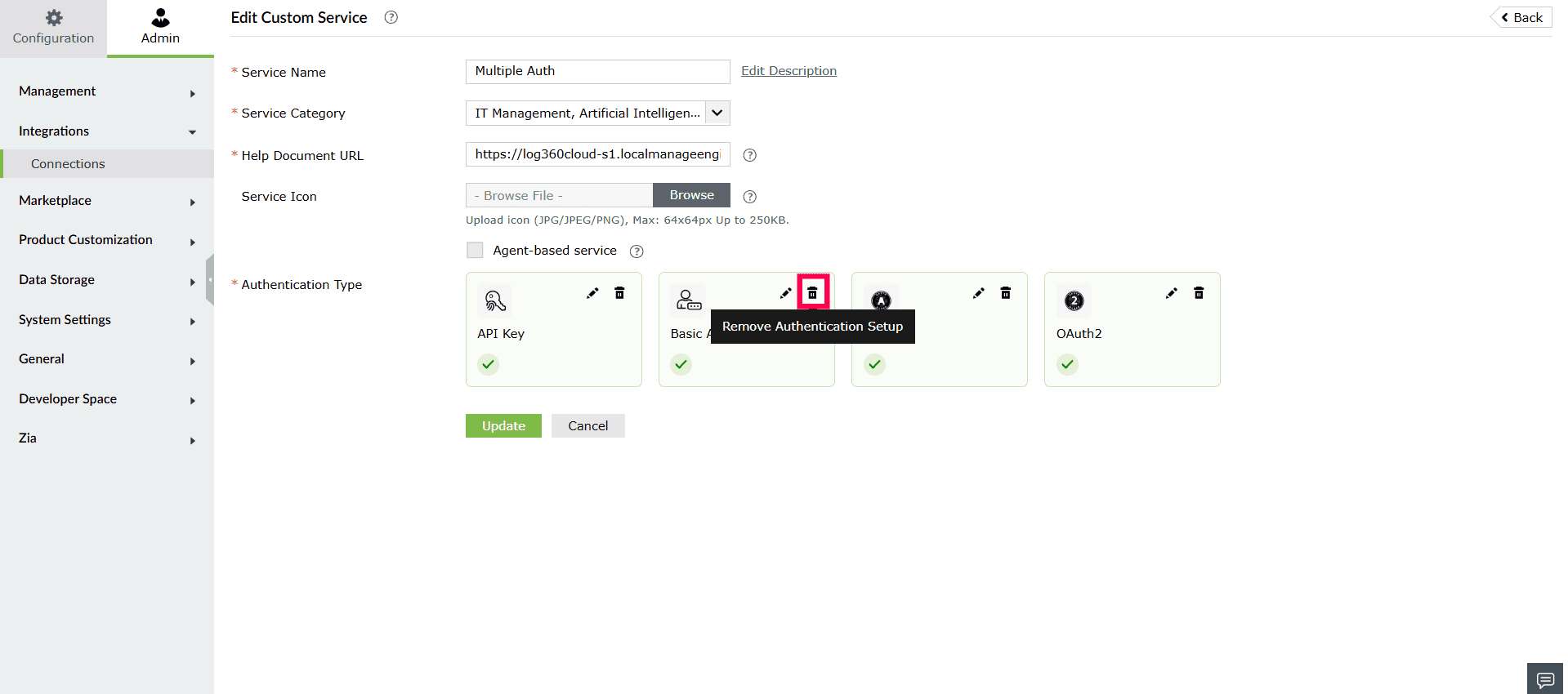 Deleting an authentication setup from a custom service