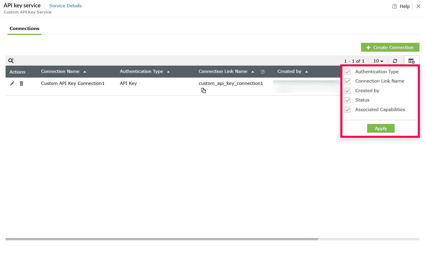 Adding or removing columns in the Connections table
