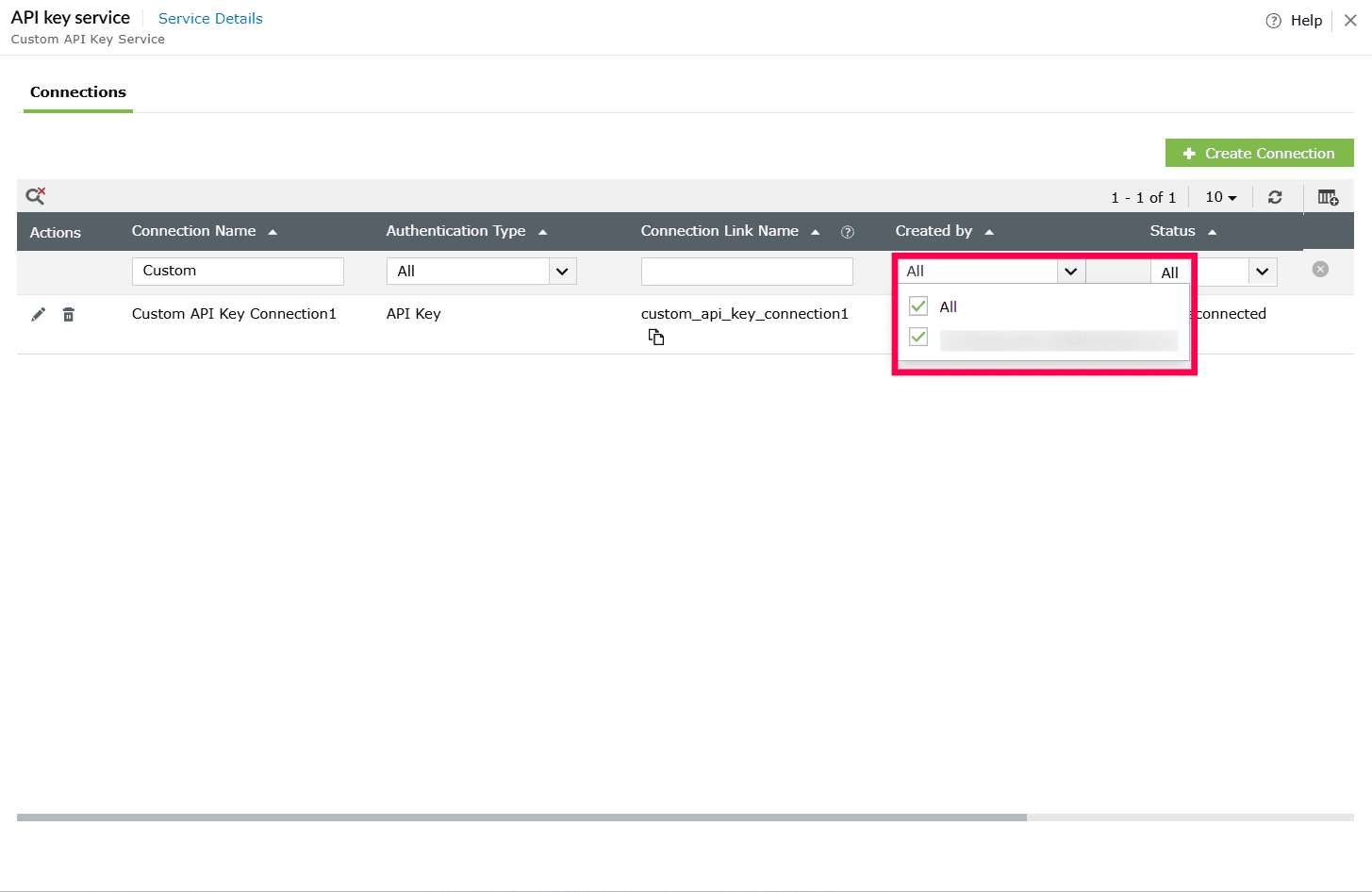 Filtering connections by user