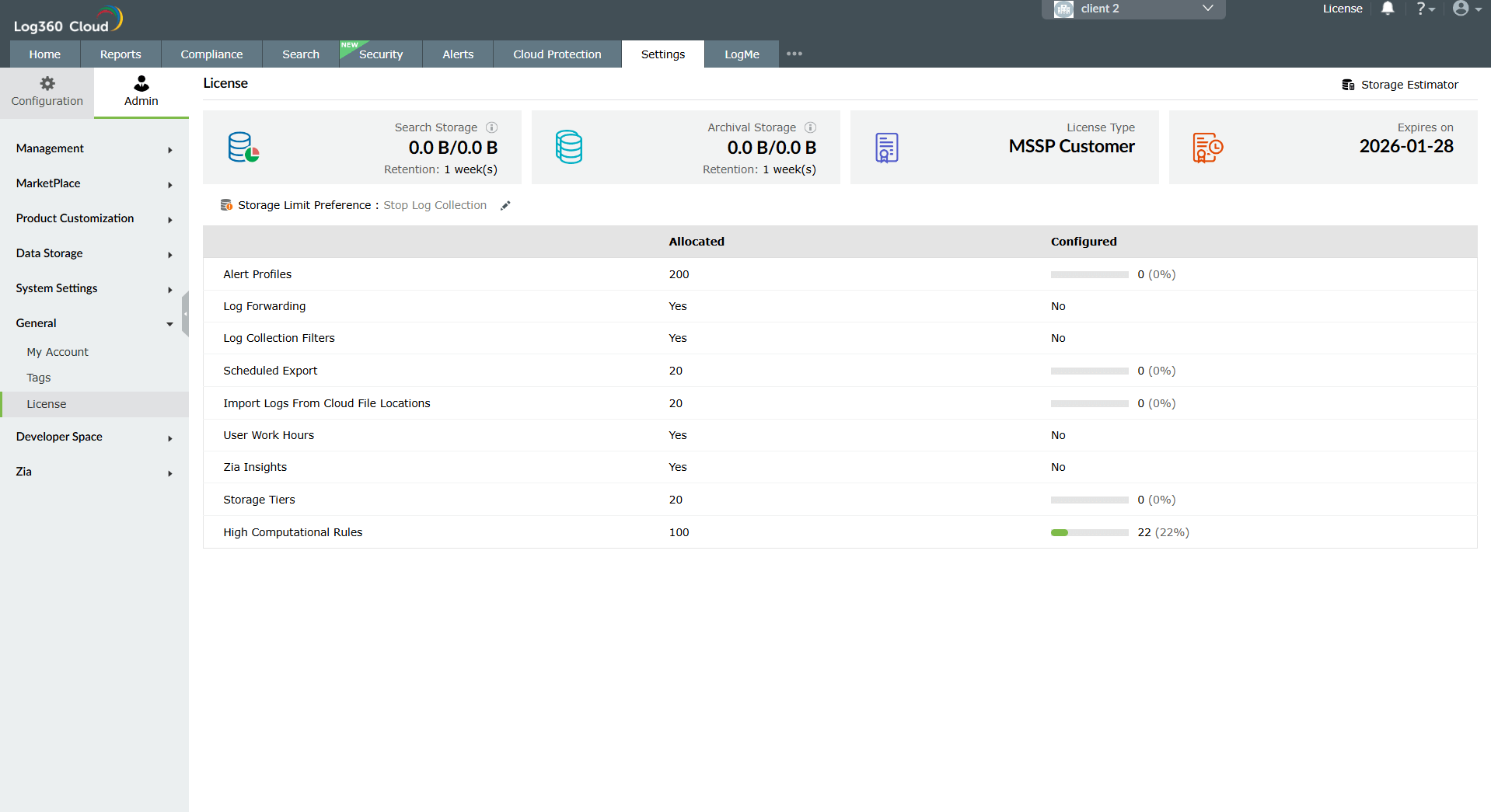 License page of the customer