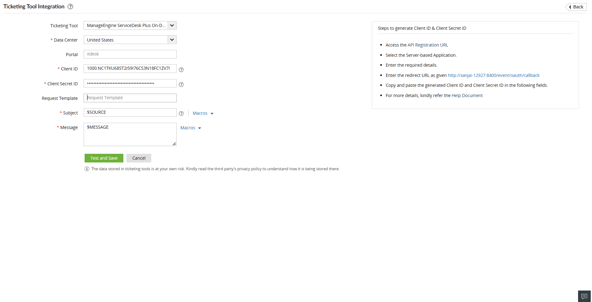 Ticketing Tool Integration