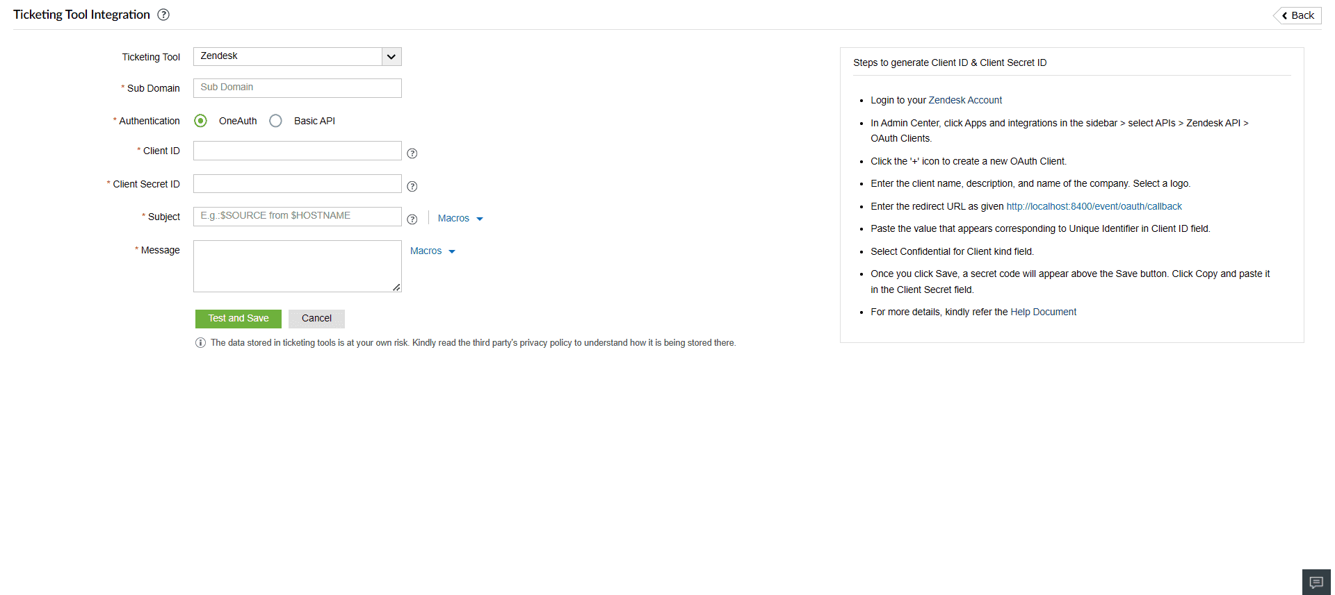 Ticketing Tool Integration