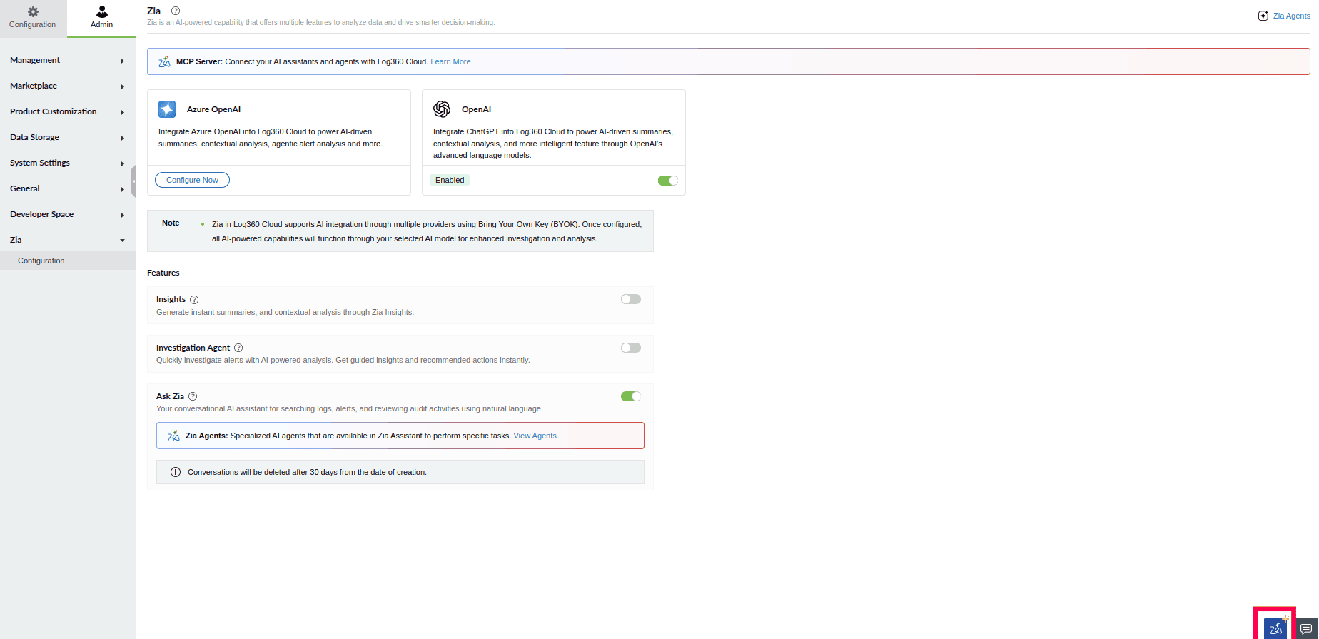 Viewing Ask Zia's conversational interface