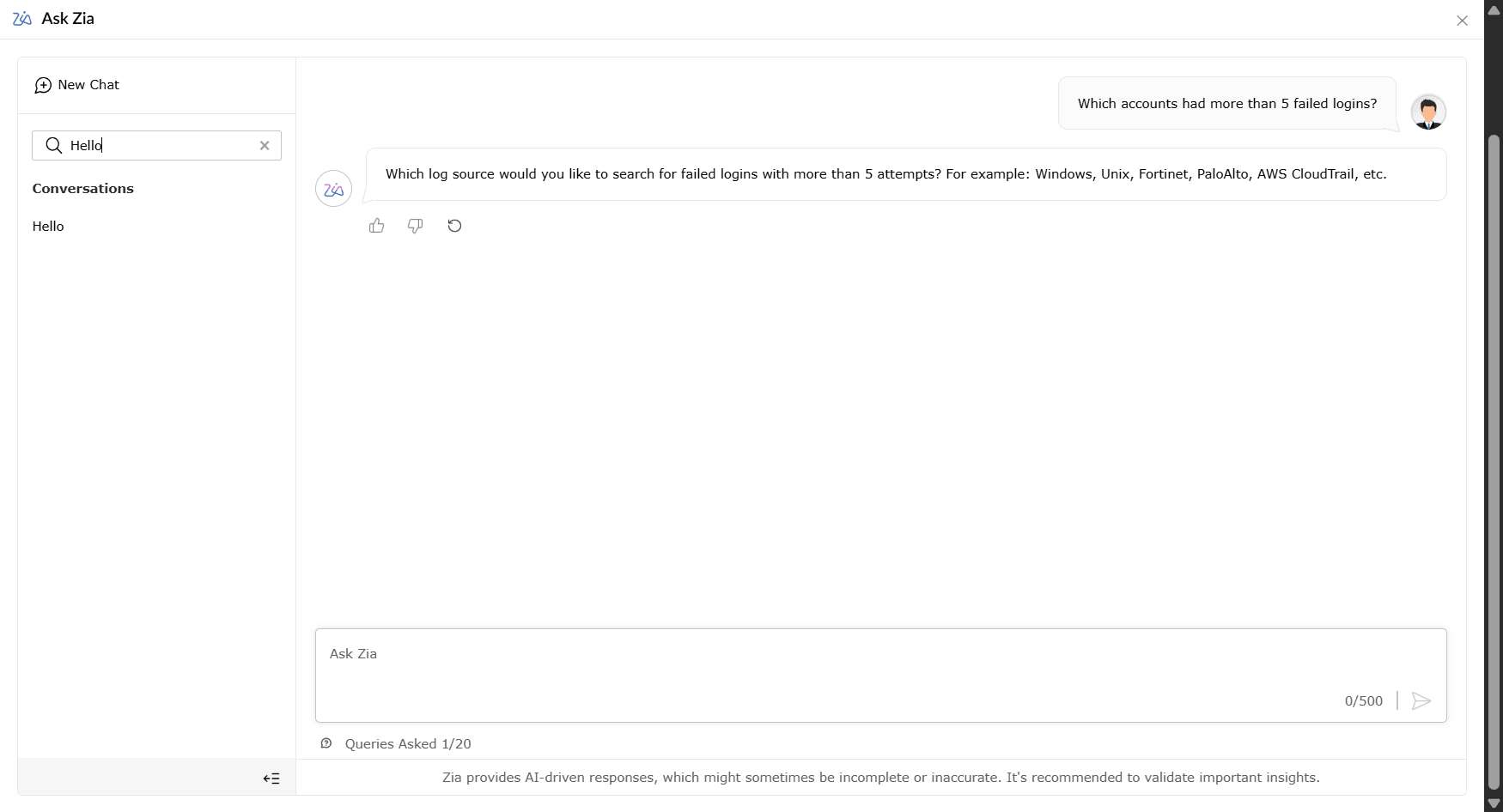 Viewing Ask Zia's conversational interface
