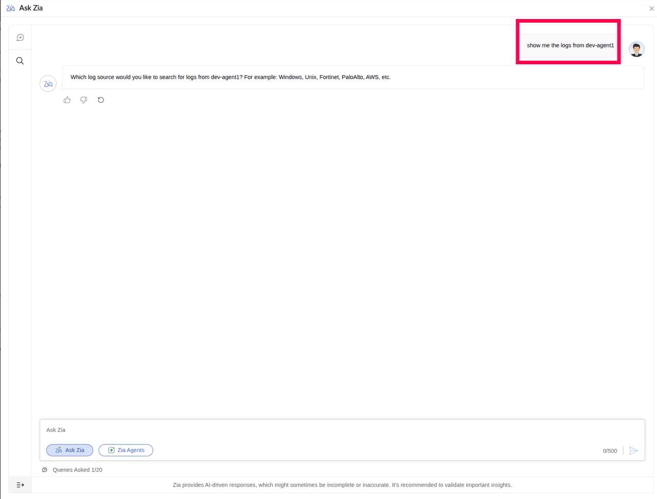 Viewing Ask Zia's conversational interface