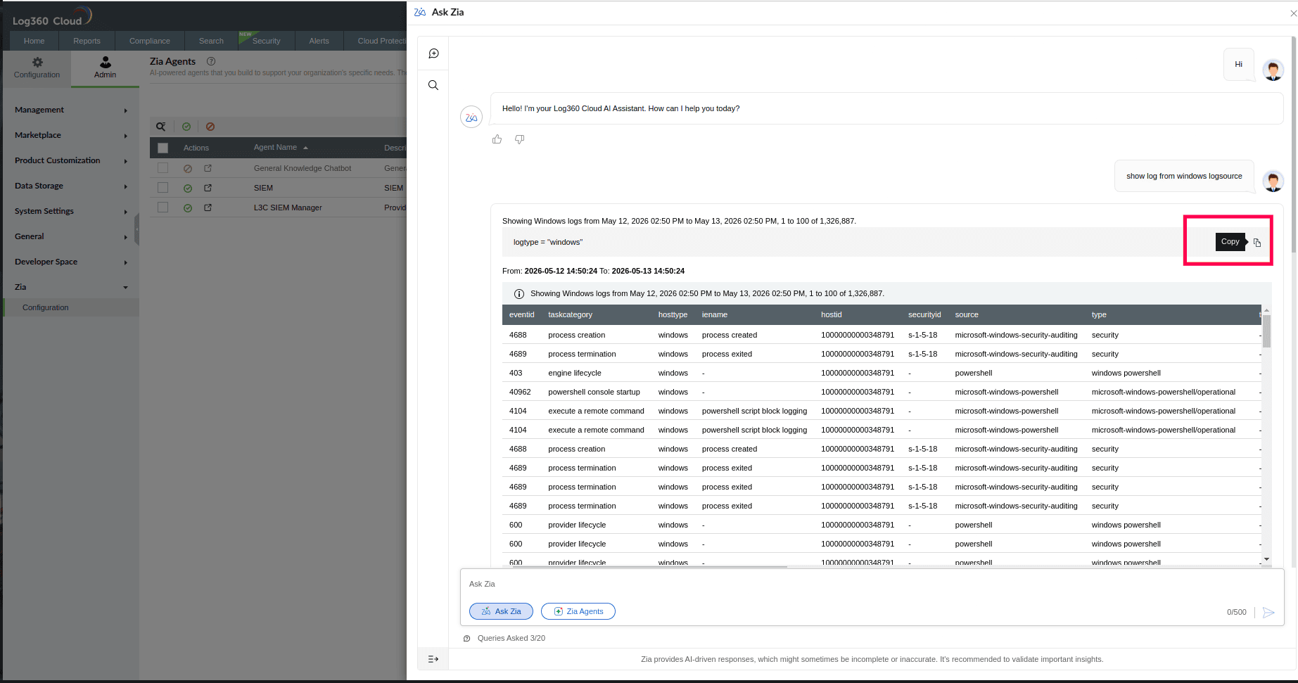 Viewing Ask Zia's conversational interface