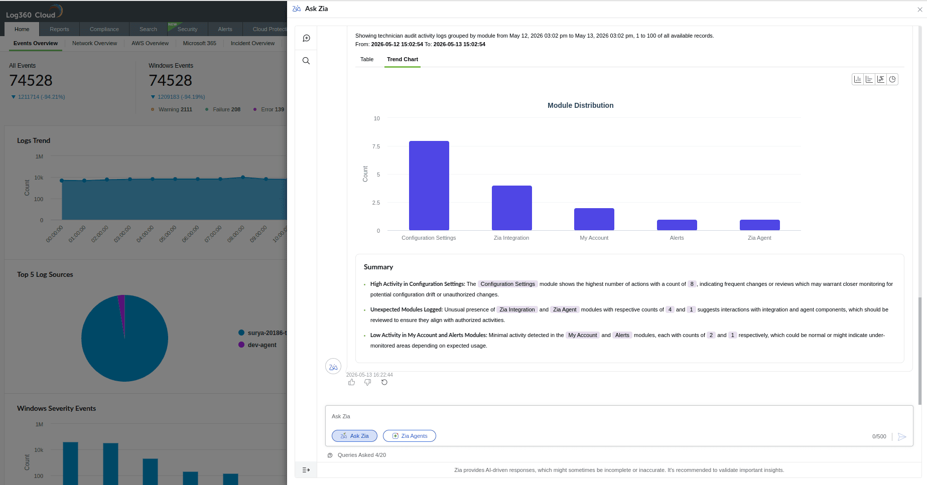 Viewing Ask Zia's conversational interface