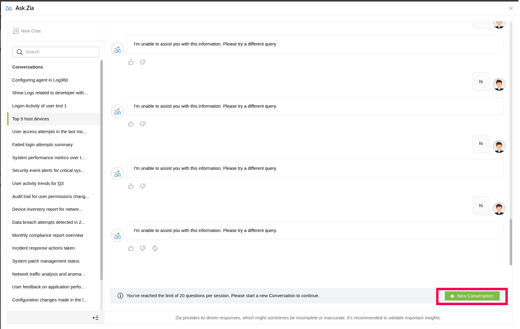 Viewing Ask Zia's conversational interface