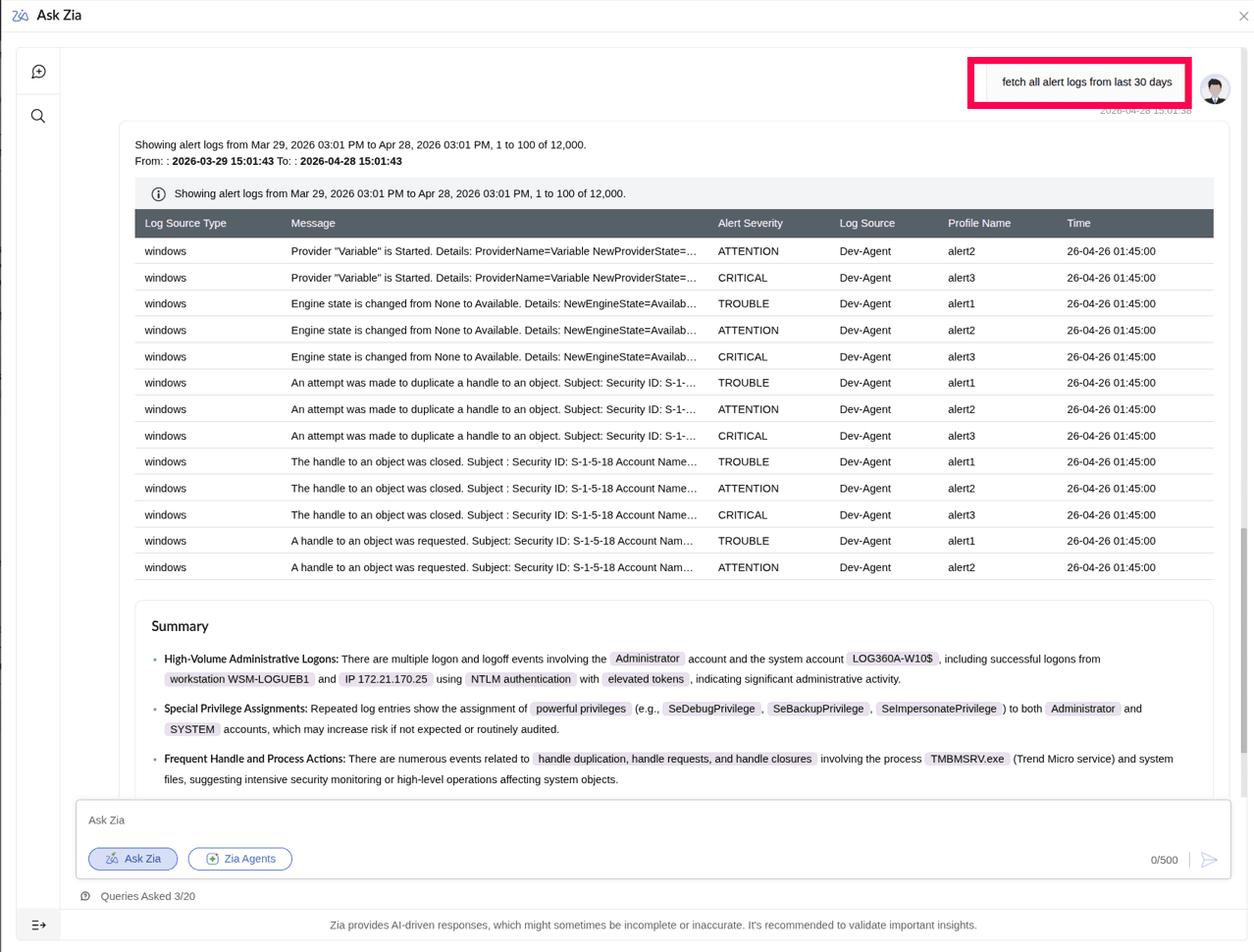 Viewing Ask Zia's conversational interface