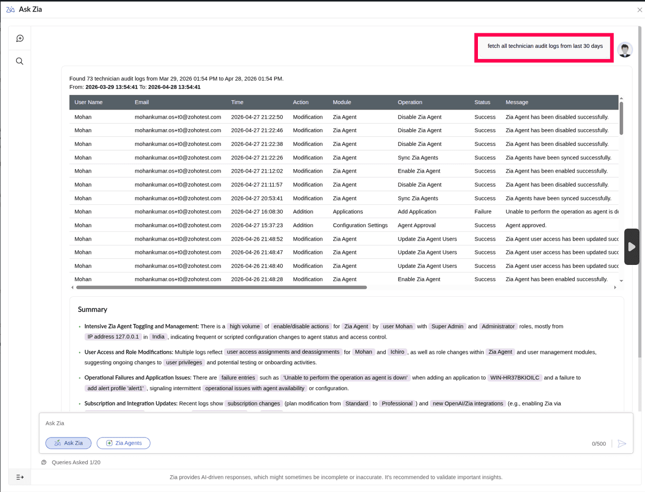 Viewing Ask Zia's conversational interface