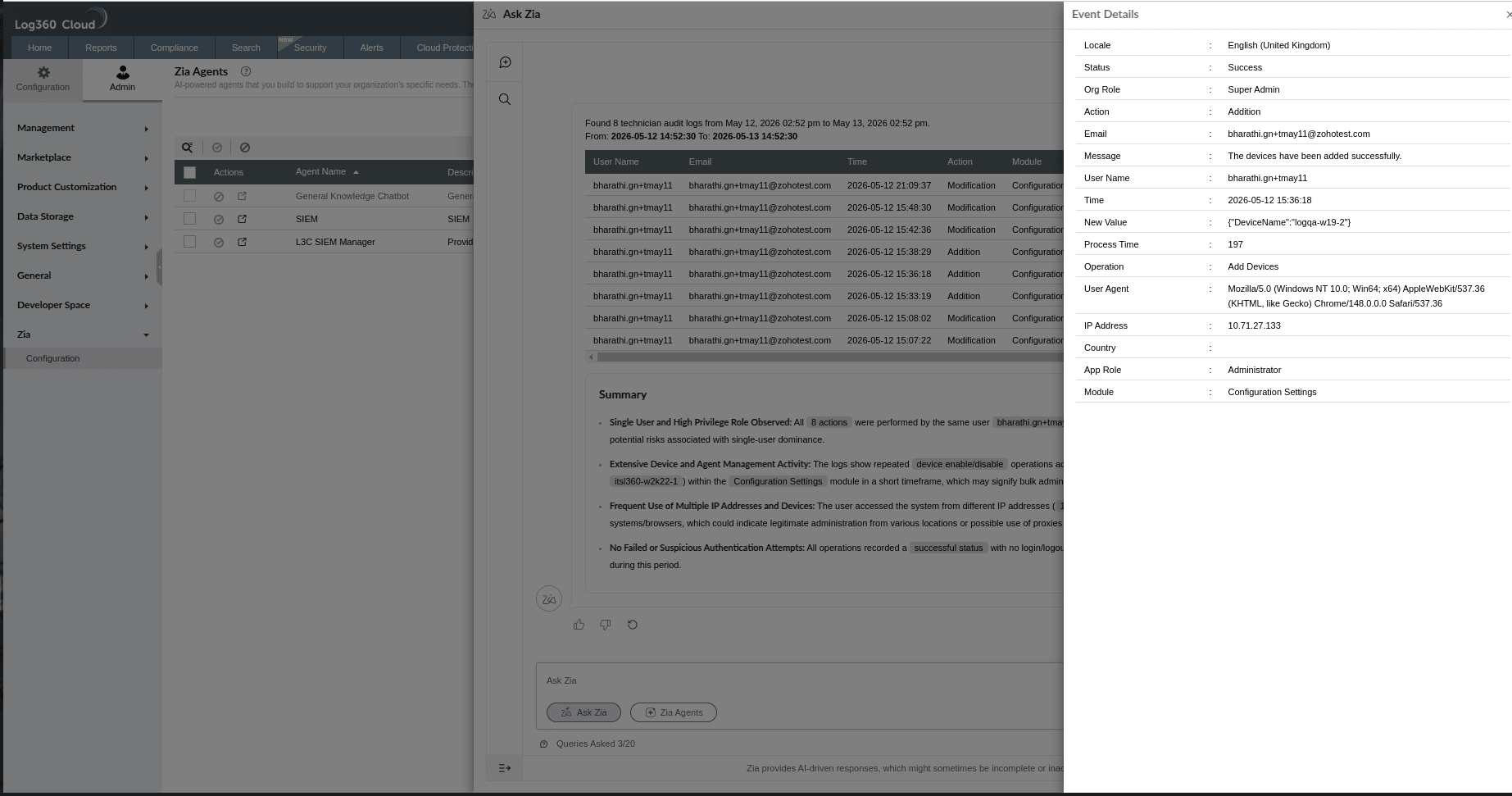 Viewing Ask Zia's conversational interface