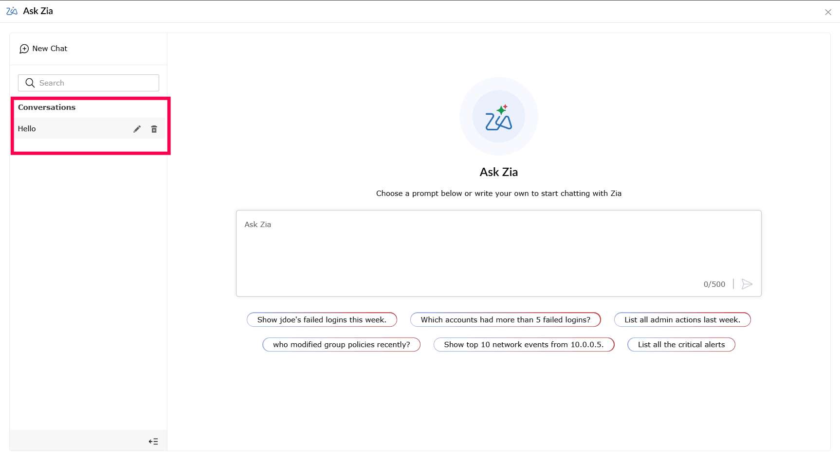 Viewing Ask Zia's conversational interface