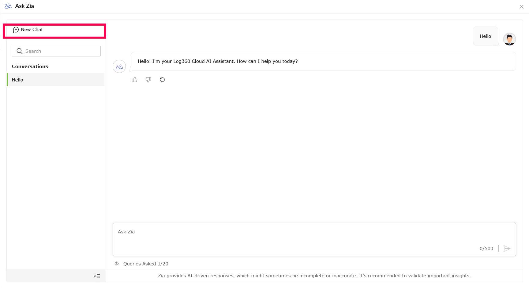 Viewing Ask Zia's conversational interface
