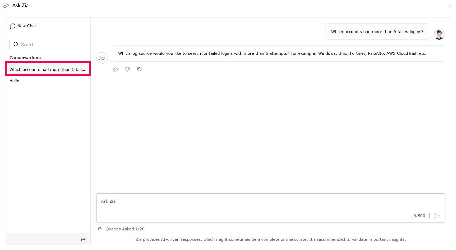 Viewing Ask Zia's conversational interface