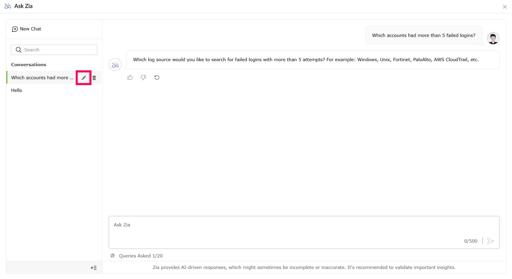 Viewing Ask Zia's conversational interface