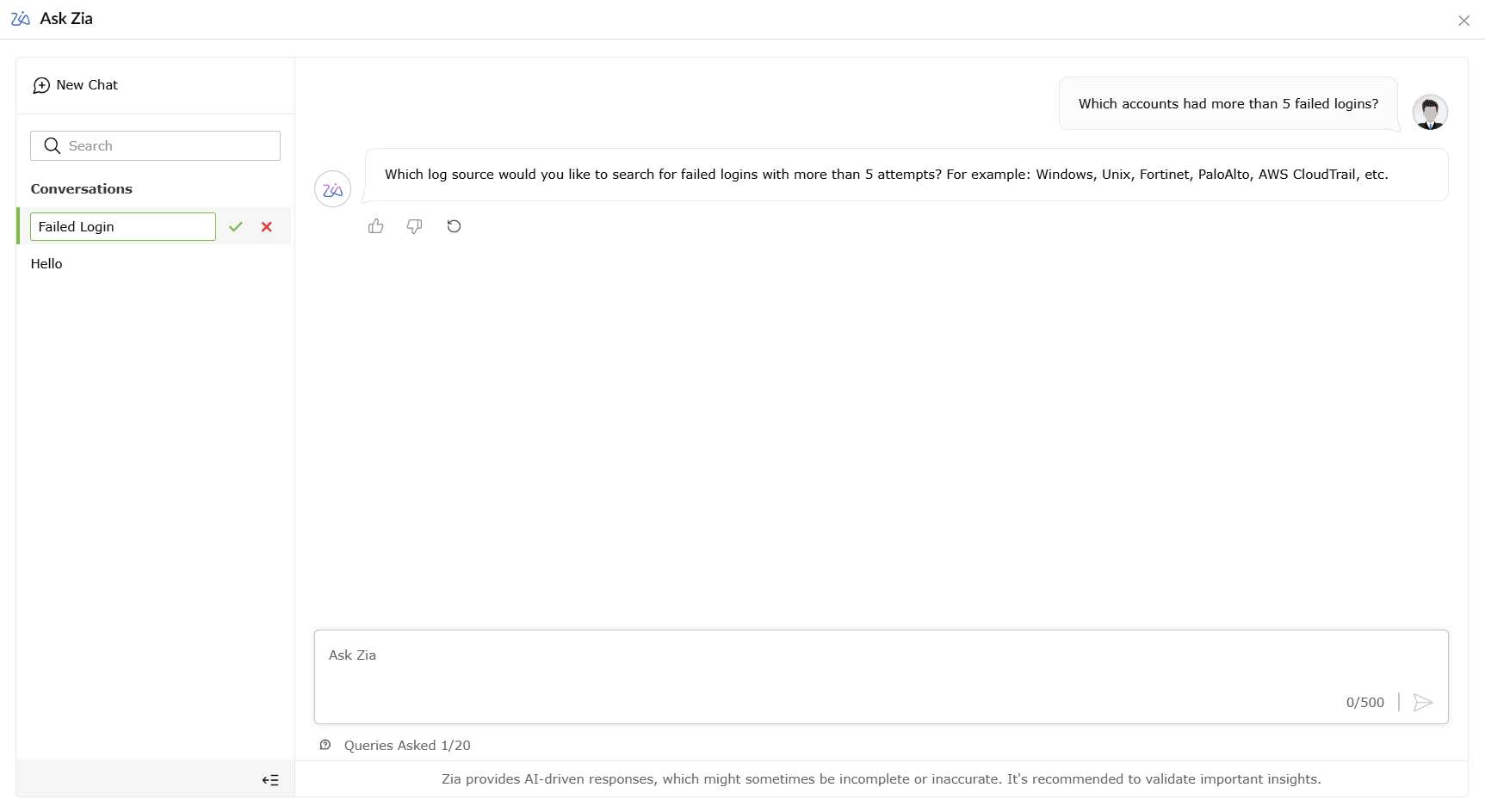 Viewing Ask Zia's conversational interface