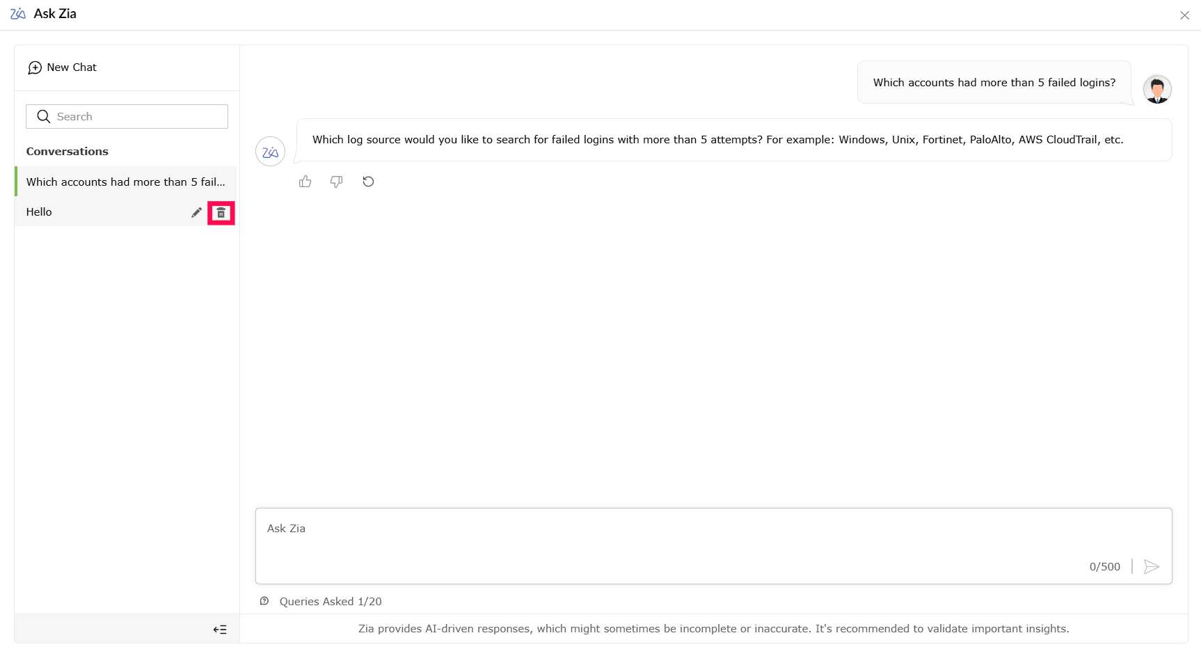 Viewing Ask Zia's conversational interface
