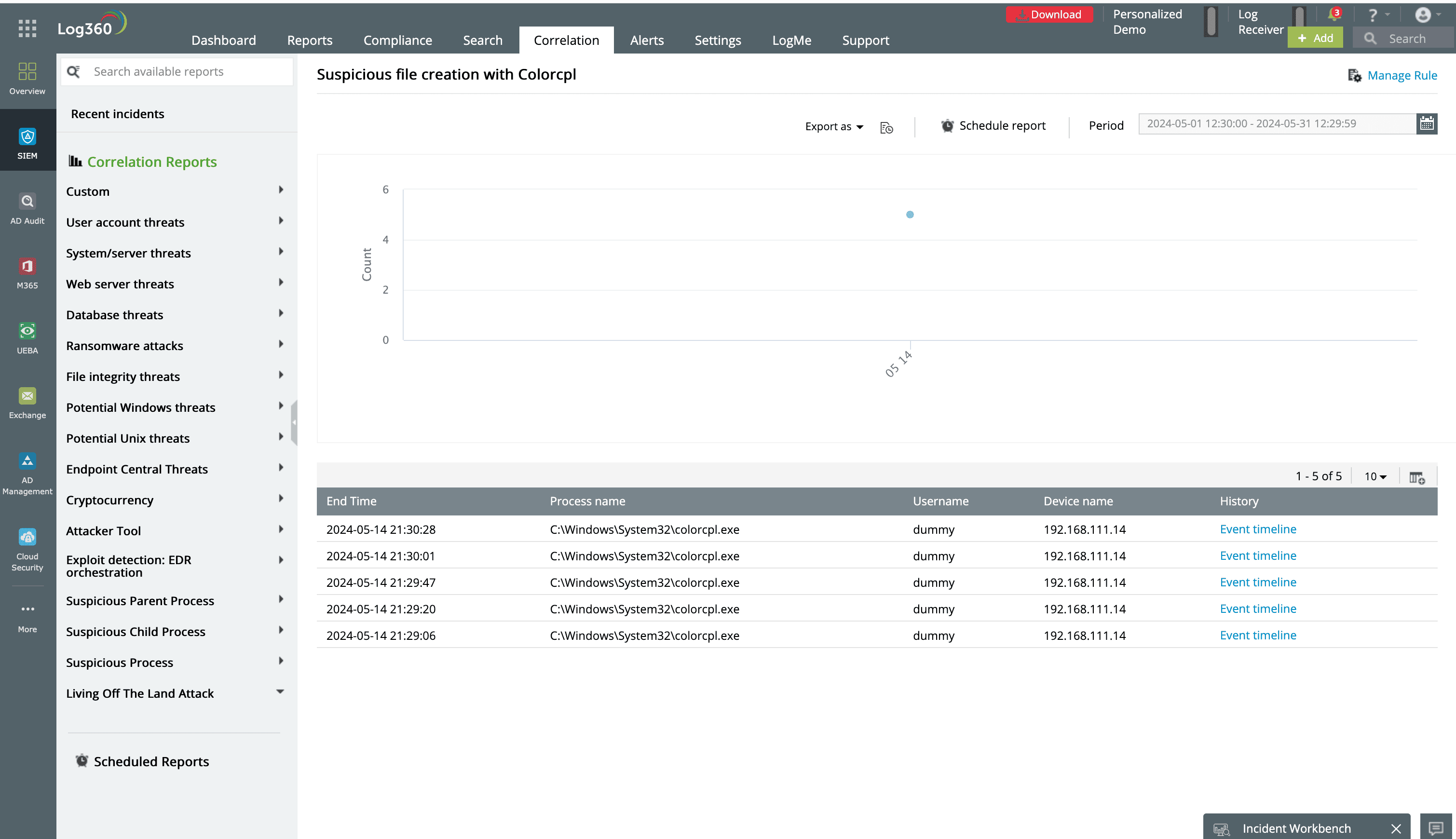 Predefined report in Log360 showing suspicious file creations with colorcpl