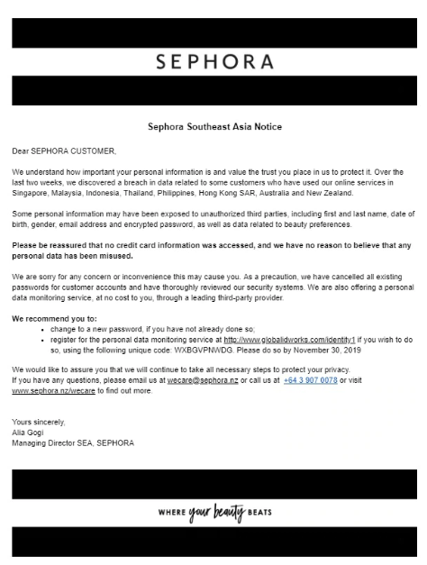 Sephora customer notice