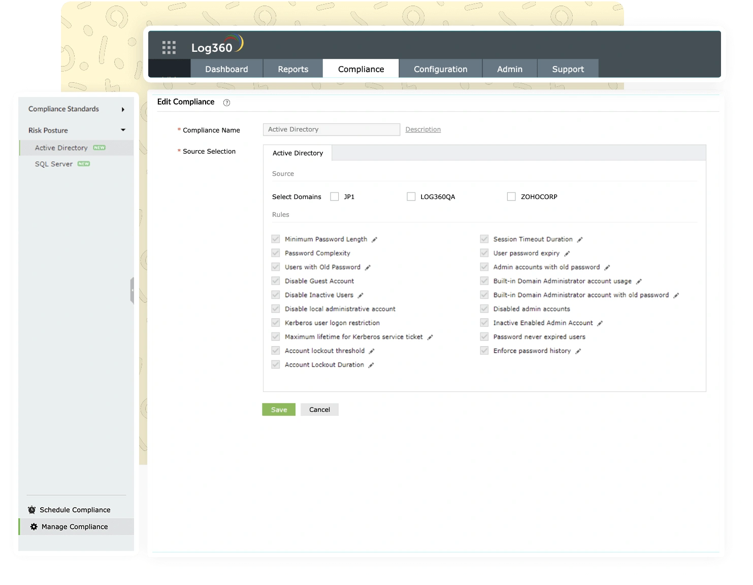 Rule configuration for SQL server security posture in Log360