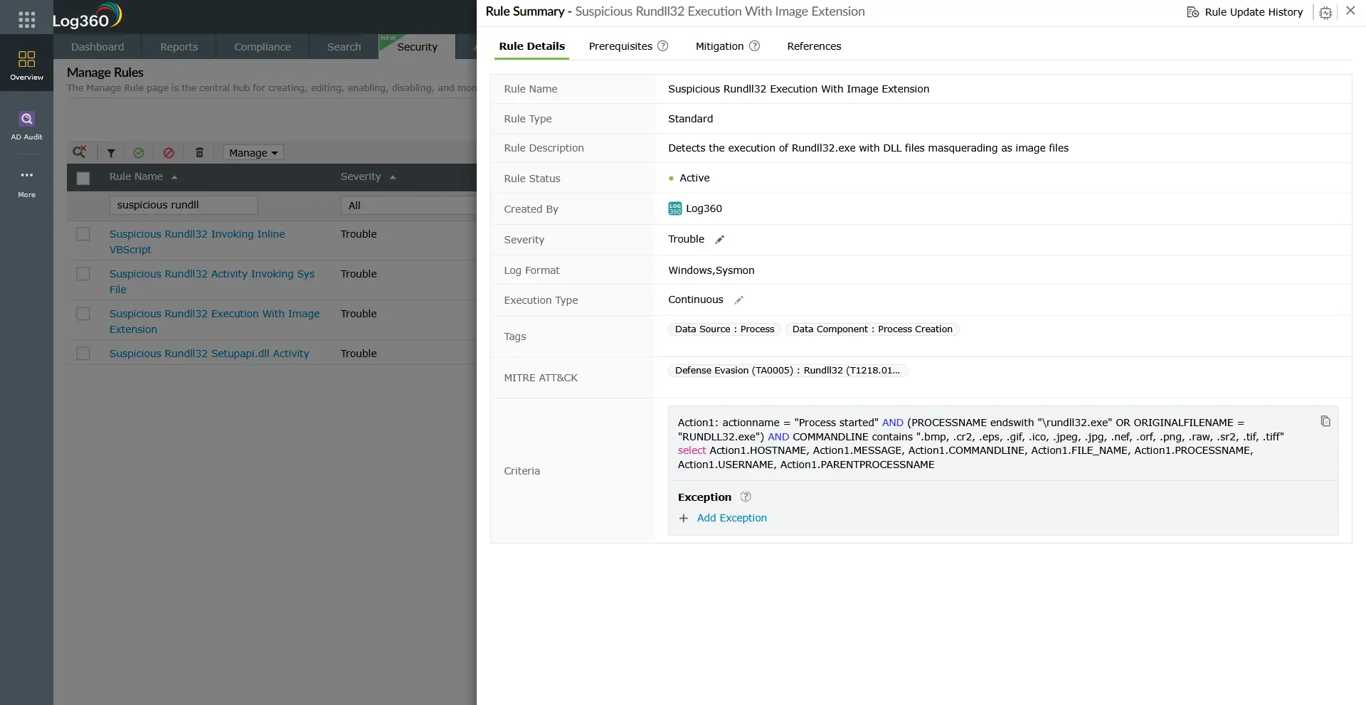 Log360 Manage Rules interface showing the Rule Summary panel for the Suspicious Rundll32 Execution With Image Extension detection rule, mapped to MITRE ATT&CK Defense Evasion (TA0005) and Rundll32 (T1218.011). The rule detects Rundll32.exe executing DLL files masquerading as image files &mdash; a T1036 masquerading technique &mdash; with Trouble severity, Windows and Sysmon log format, and continuous execution type.