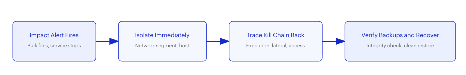 Impact-stage response workflow: isolate first, investigate second, recover third.