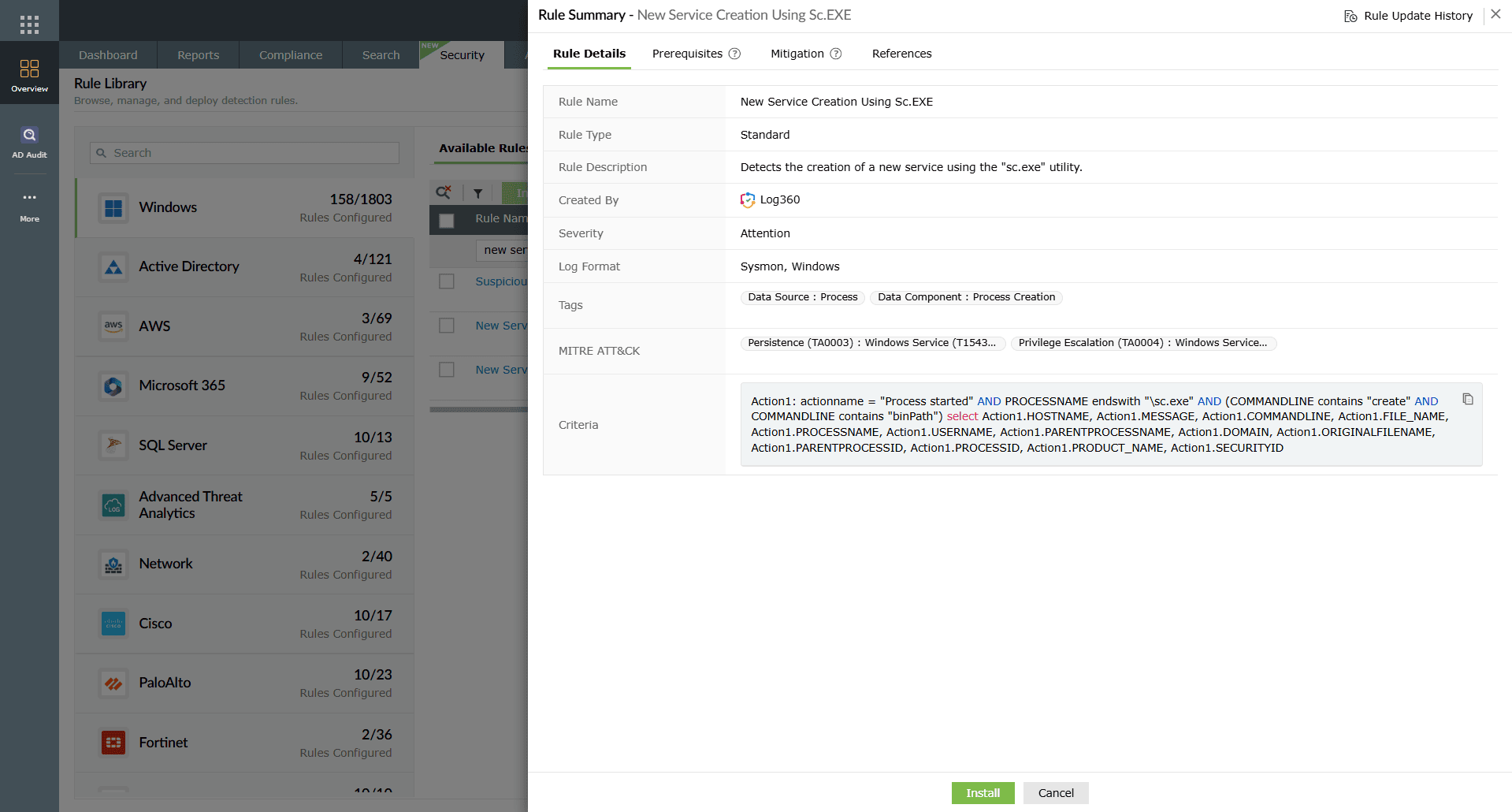 Log360 alert showing New Service Creation Using Sc.EXE rule.