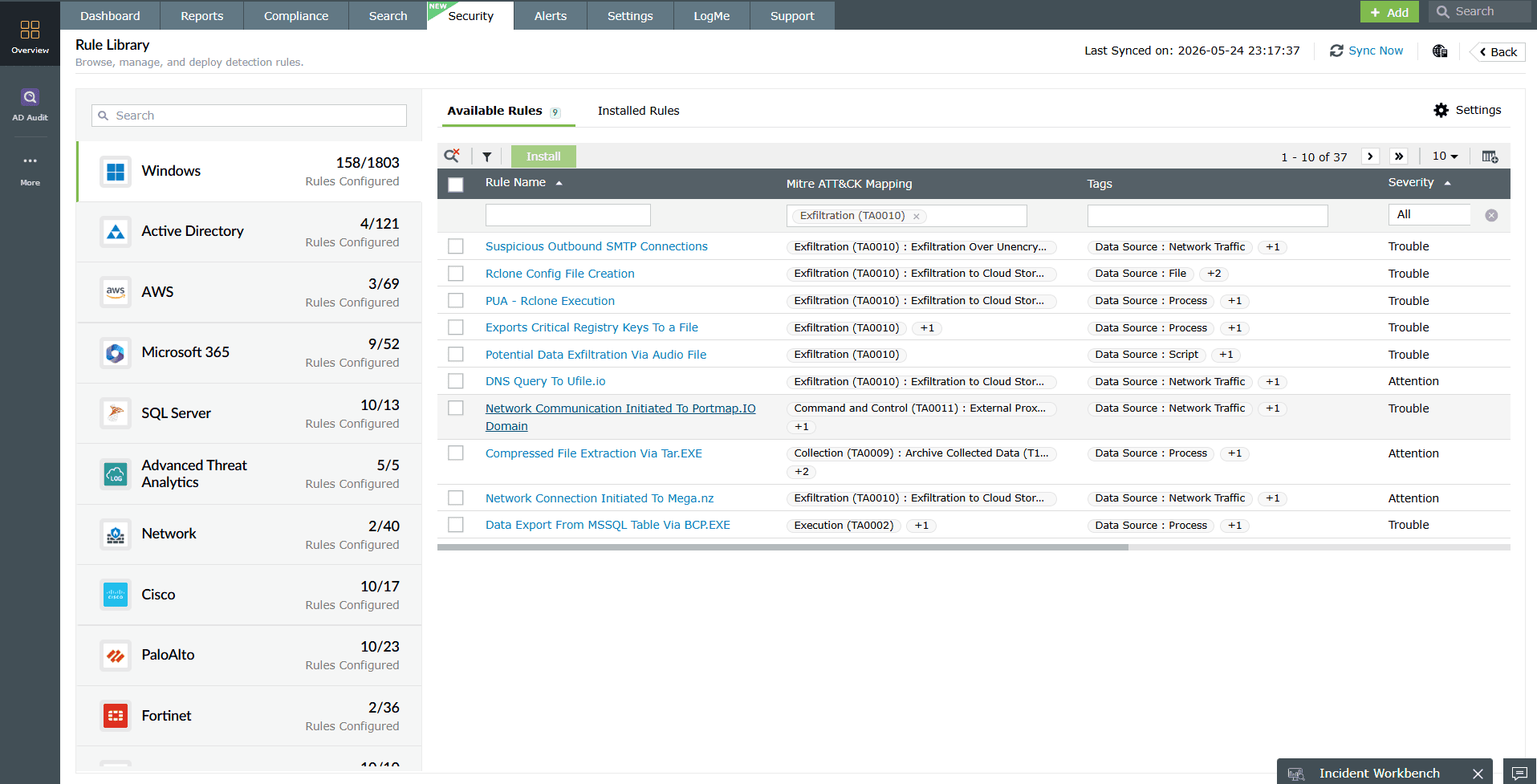 Log360 rule library highlighting all the correlation rules of Exfiltration