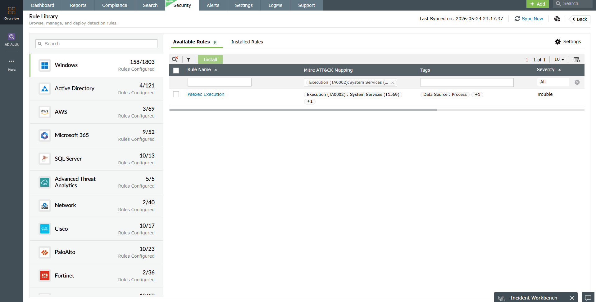 Log360 alert dashboard showing the rule related to System Services.