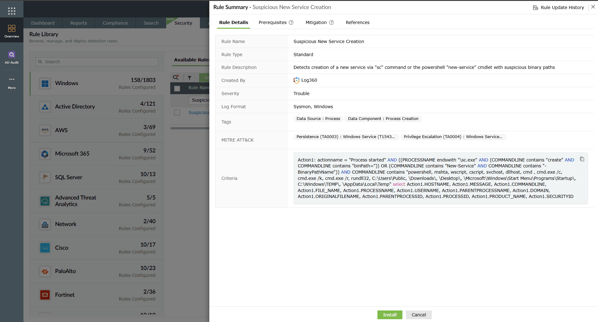 Log360 alert dashboard showing Suspicious New Service Creation with service name, binary path, and creating account highlighted.
