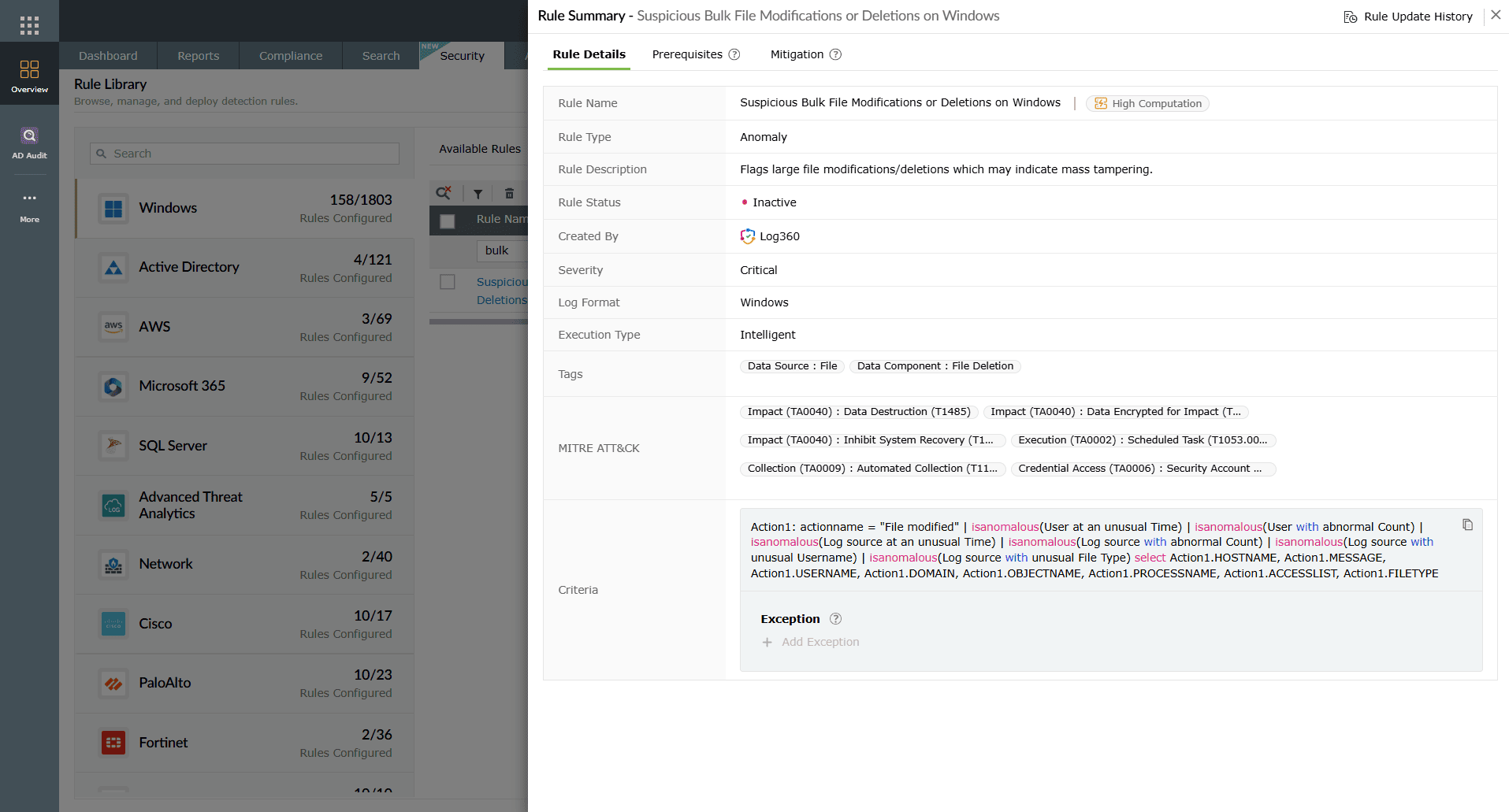 Log360 alert dashboard showing Suspicious Bulk Modifications or Deletions on Windows