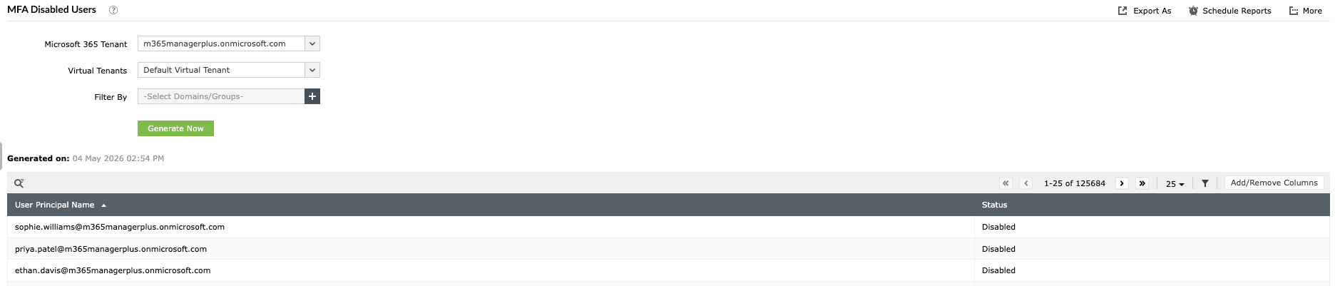 The MFA Disabled Users report in M365 Manager Plus showing Entra users without MFA methods enrolled.