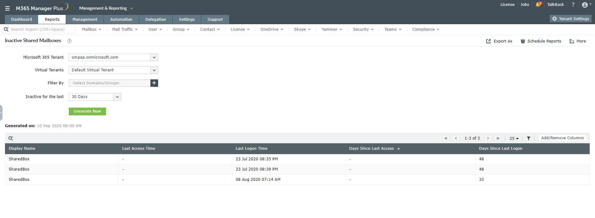 The M365 Manager Plus Inactive Shared Mailboxes report highlights mailboxes that have been unused for a set period, showing the days since the last logon or access.