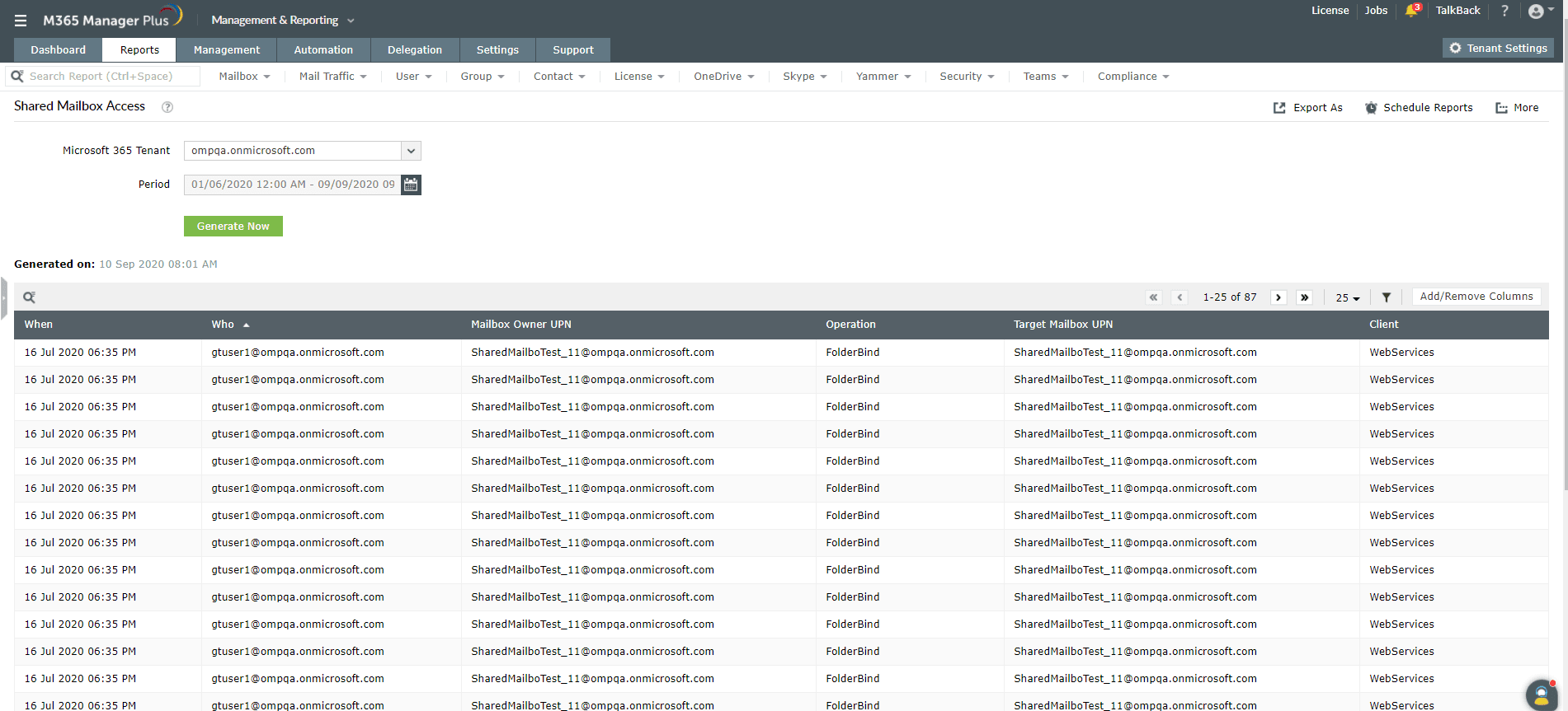 The M365 Manager Plus Shared Mailbox Access report tracks who accessed mailboxes, the specific operation performed, and the exact time of access.