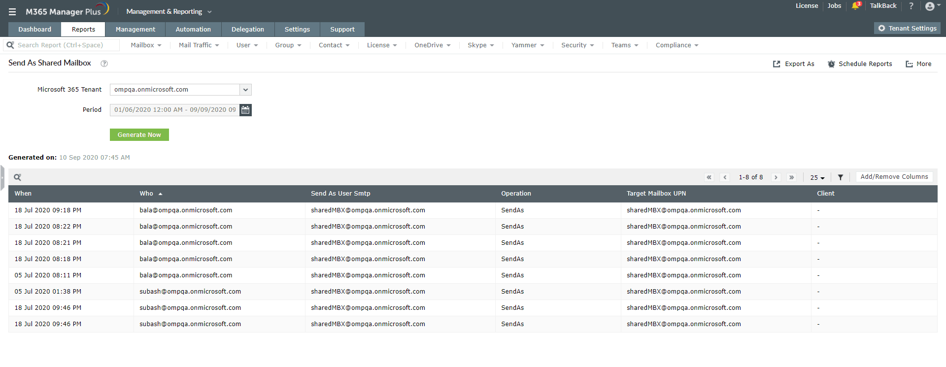 The M365 Manager Plus Send As Shared Mailbox report identifies users sending emails as a shared identity, noting the time and client used.