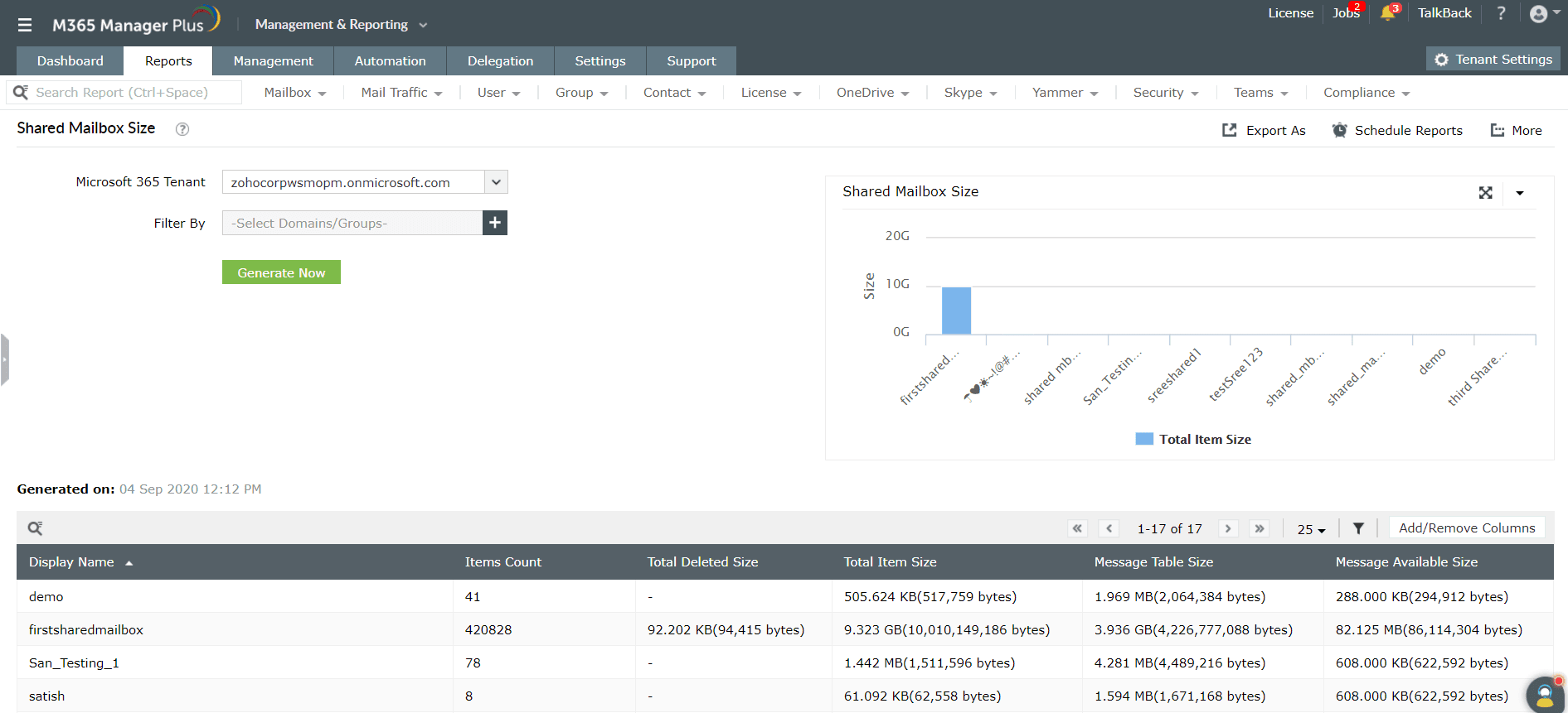 The M365 Manager Plus Shared Mailbox Size report uses a bar chart to visualize storage consumption, item counts, and total mailbox item sizes.