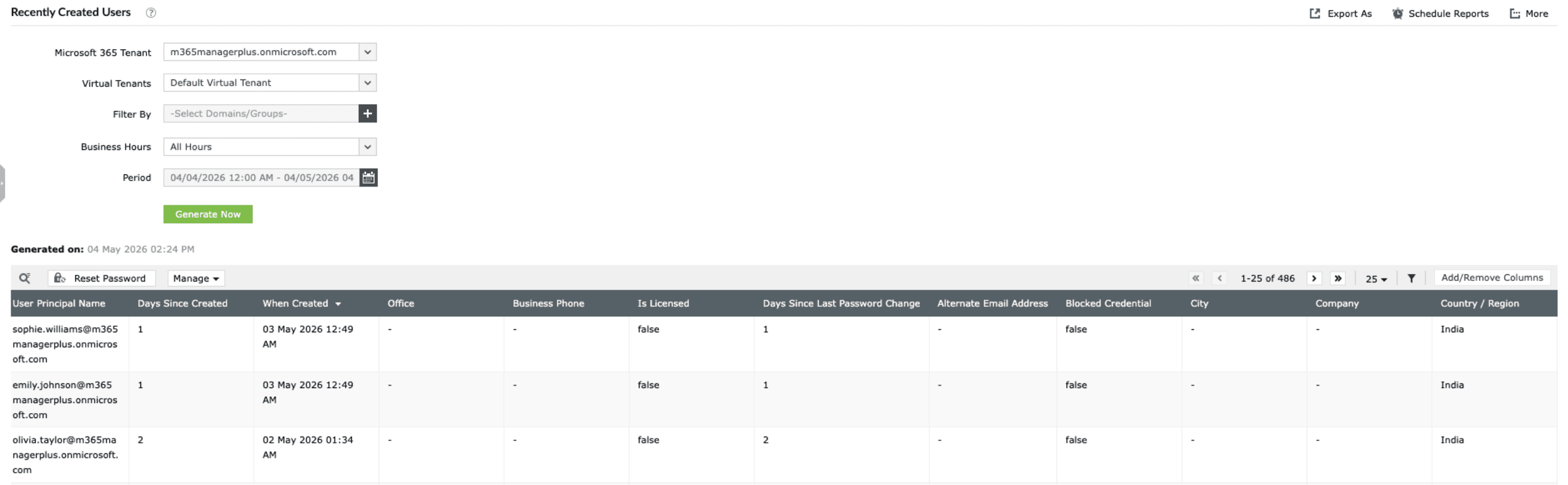 The Password Changed Users report in M365 Manager Plus showing when Entra users changed their passwords.