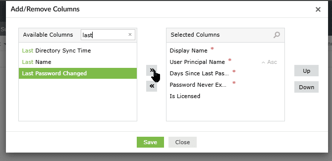 The Add/Remove Columns window in M365 Manager Plus used to move the Last Password Changed attribute into the selected columns for reporting.