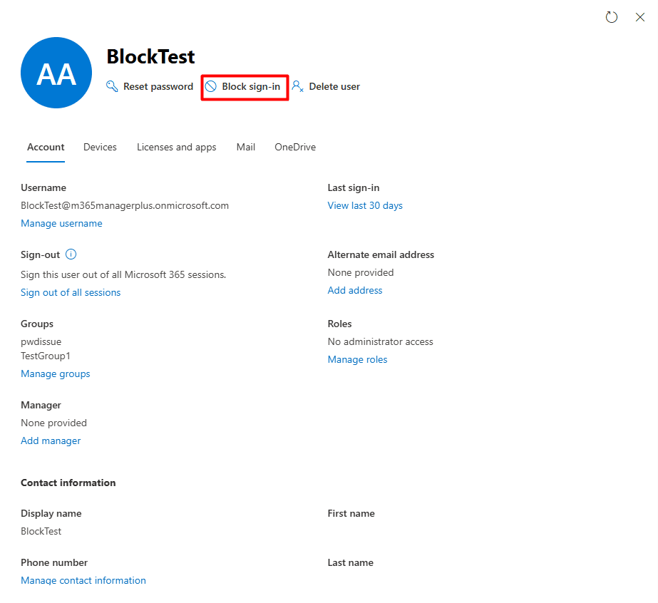 The Microsoft 365 admin center user details pane showing the Block sign-in option highlighted.