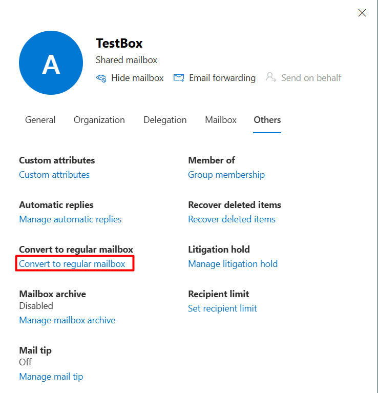 The EAC mailbox details pane displaying the Others tab with the Convert to regular mailbox option outlined in a red box.