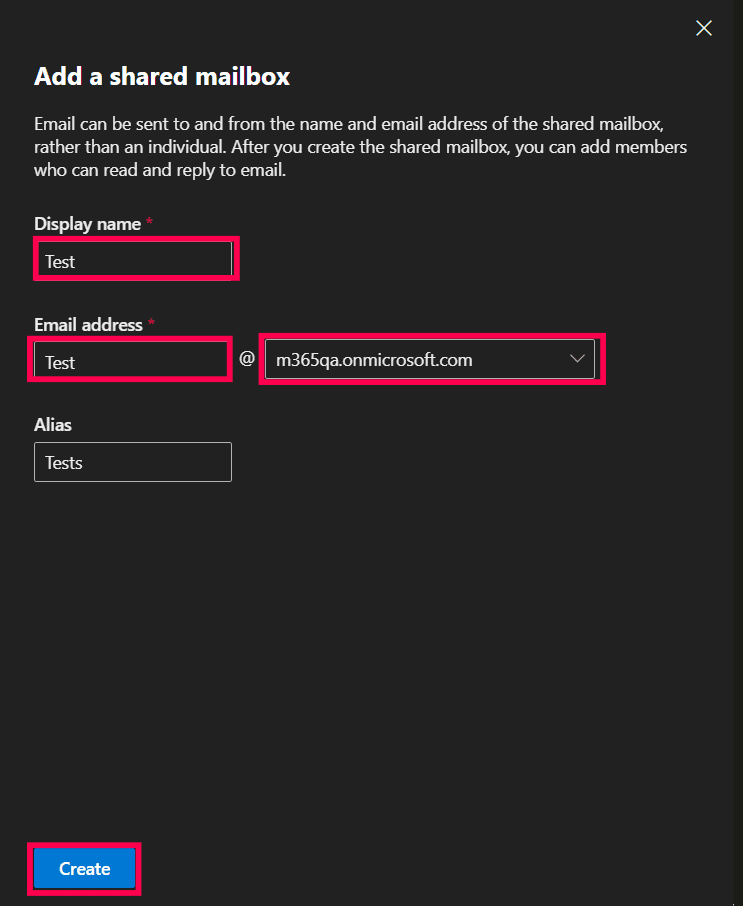 The Add a shared mailbox pane in the Exchange admin center with fields for Display name and Email address highlighted for user input.