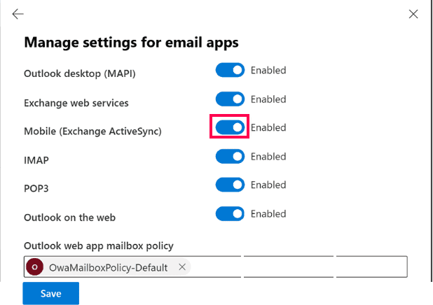 The Exchange admin center 'Manage settings for email apps' pop-up with the 'Mobile (Exchange ActiveSync)' toggle highlighted.